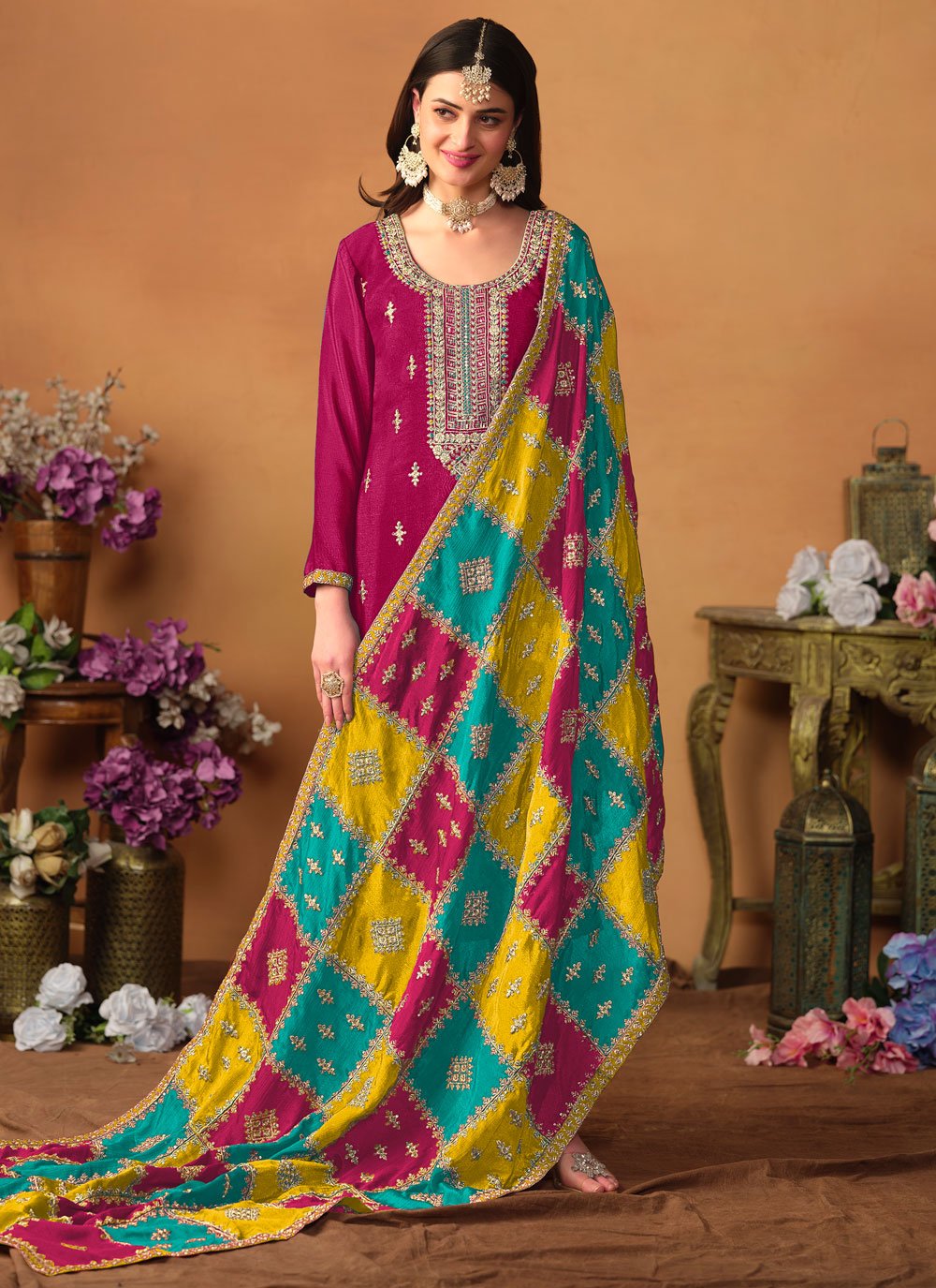 Pink chinon silk pakistani embroidered suit