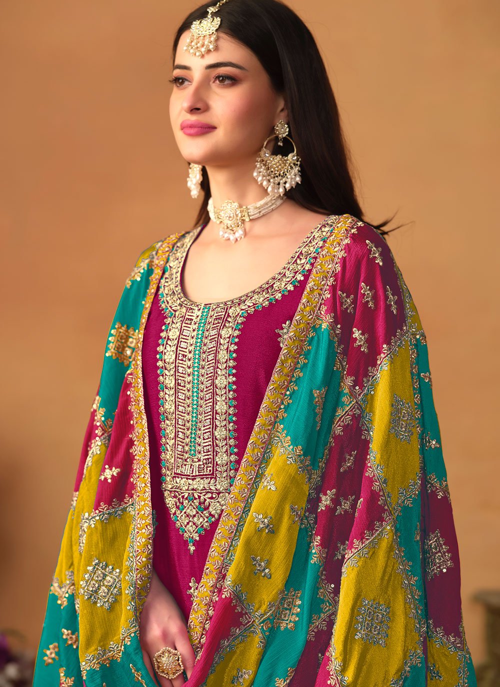 Pink chinon silk pakistani embroidered suit