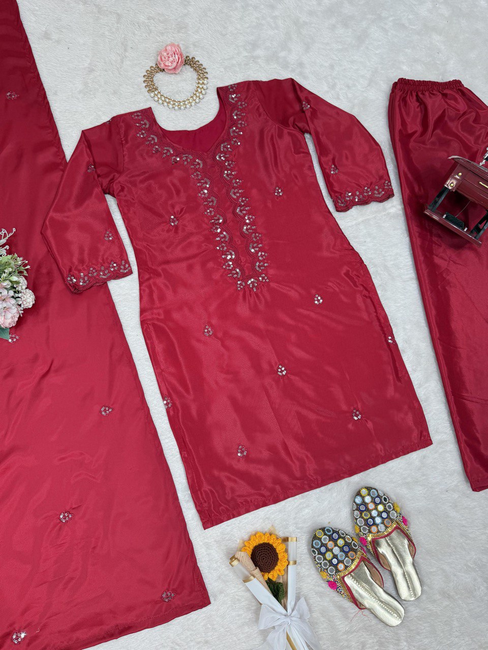 Pink Chinon Silk Thread & Sequin Embroidered Salwar Suit Set with Dupatta