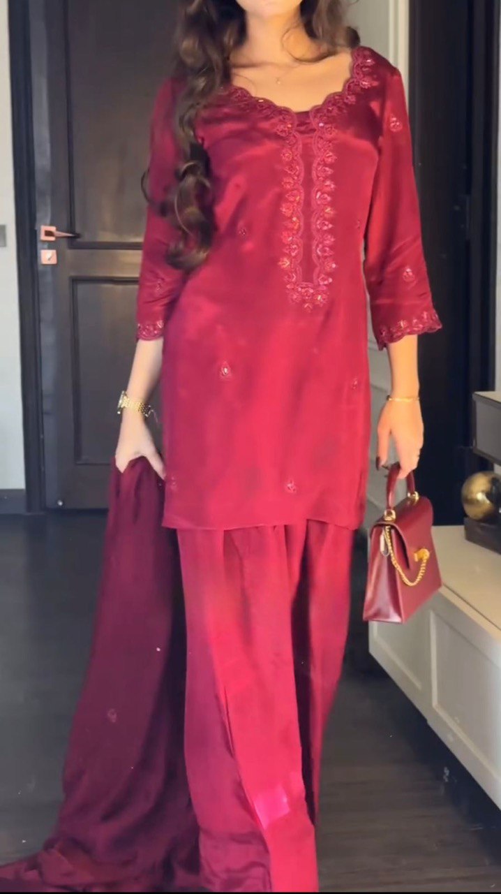 Pink Chinon Silk Thread & Sequin Embroidered Salwar Suit Set with Dupatta