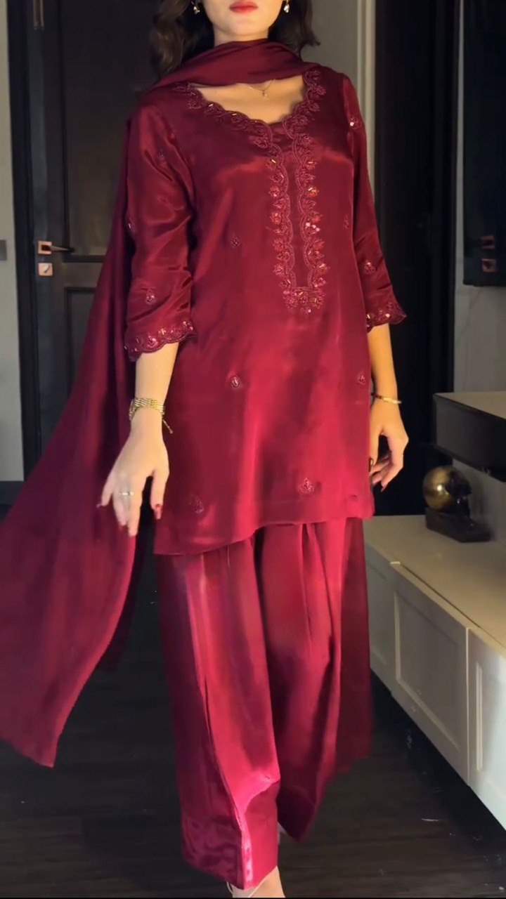 Pink Chinon Silk Thread & Sequin Embroidered Salwar Suit Set with Dupatta