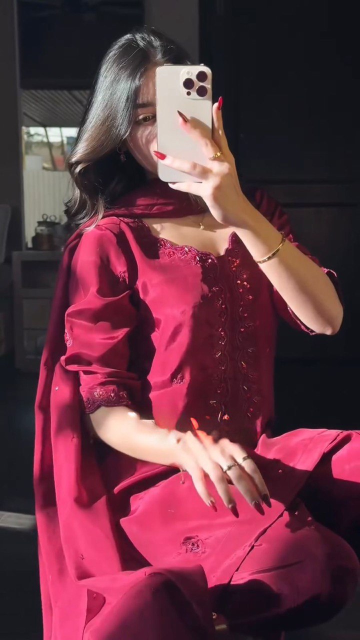 Pink Chinon Silk Thread & Sequin Embroidered Salwar Suit Set with Dupatta