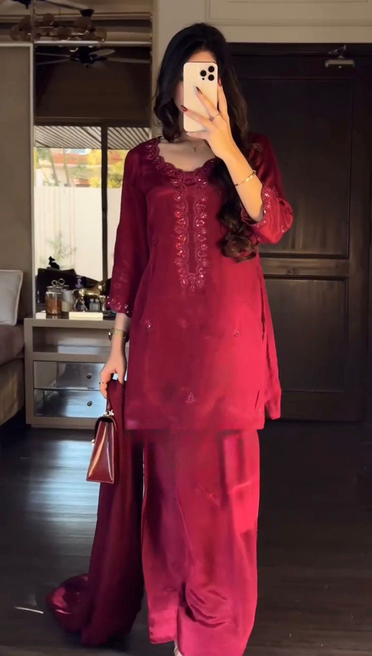 Pink Chinon Silk Thread & Sequin Embroidered Salwar Suit Set with Dupatta