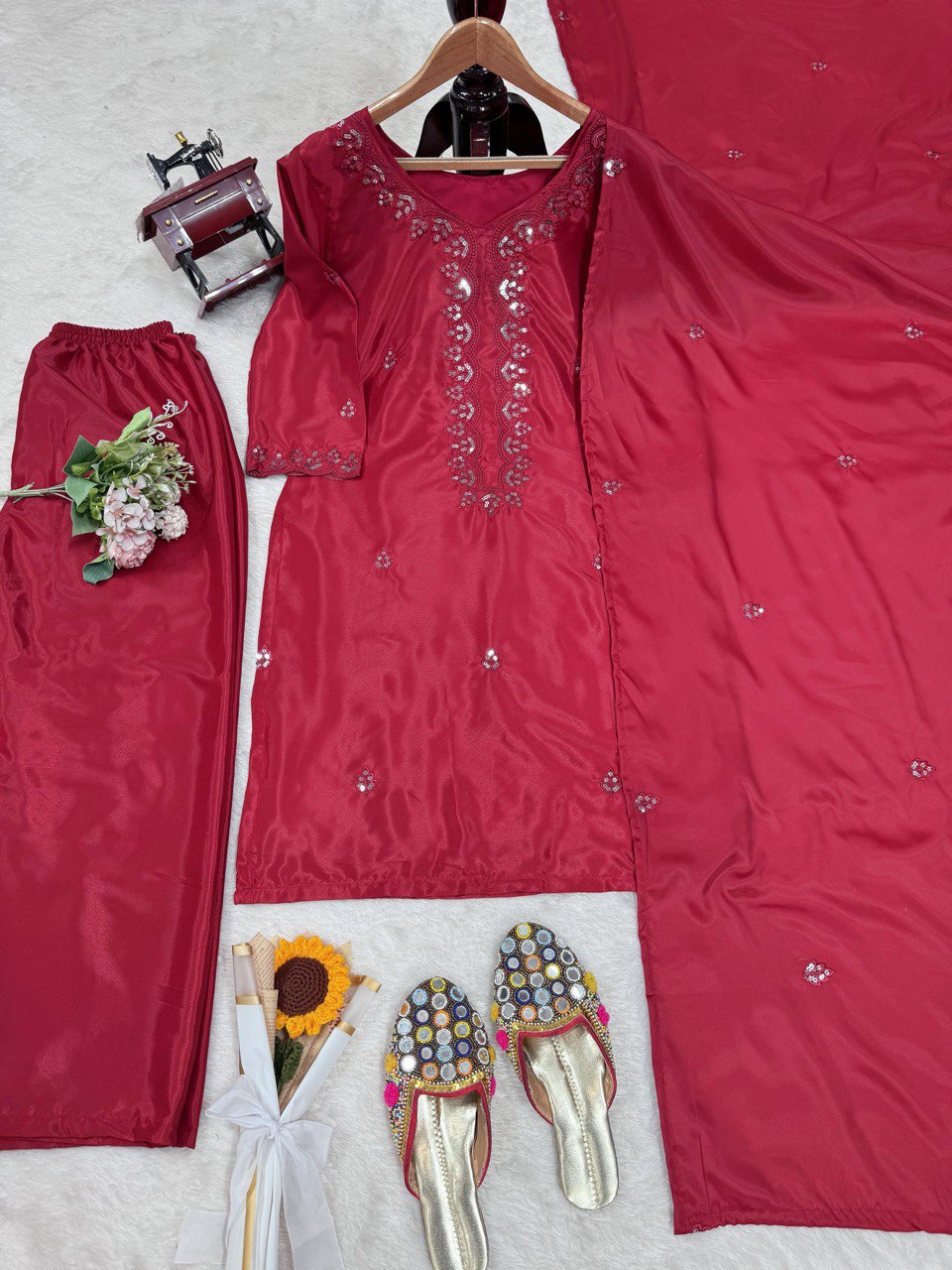Pink Chinon Silk Thread & Sequin Embroidered Salwar Suit Set with Dupatta