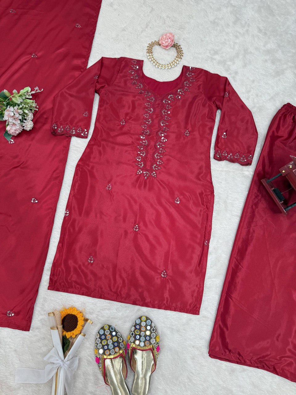 Pink Chinon Silk Thread & Sequin Embroidered Salwar Suit Set with Dupatta