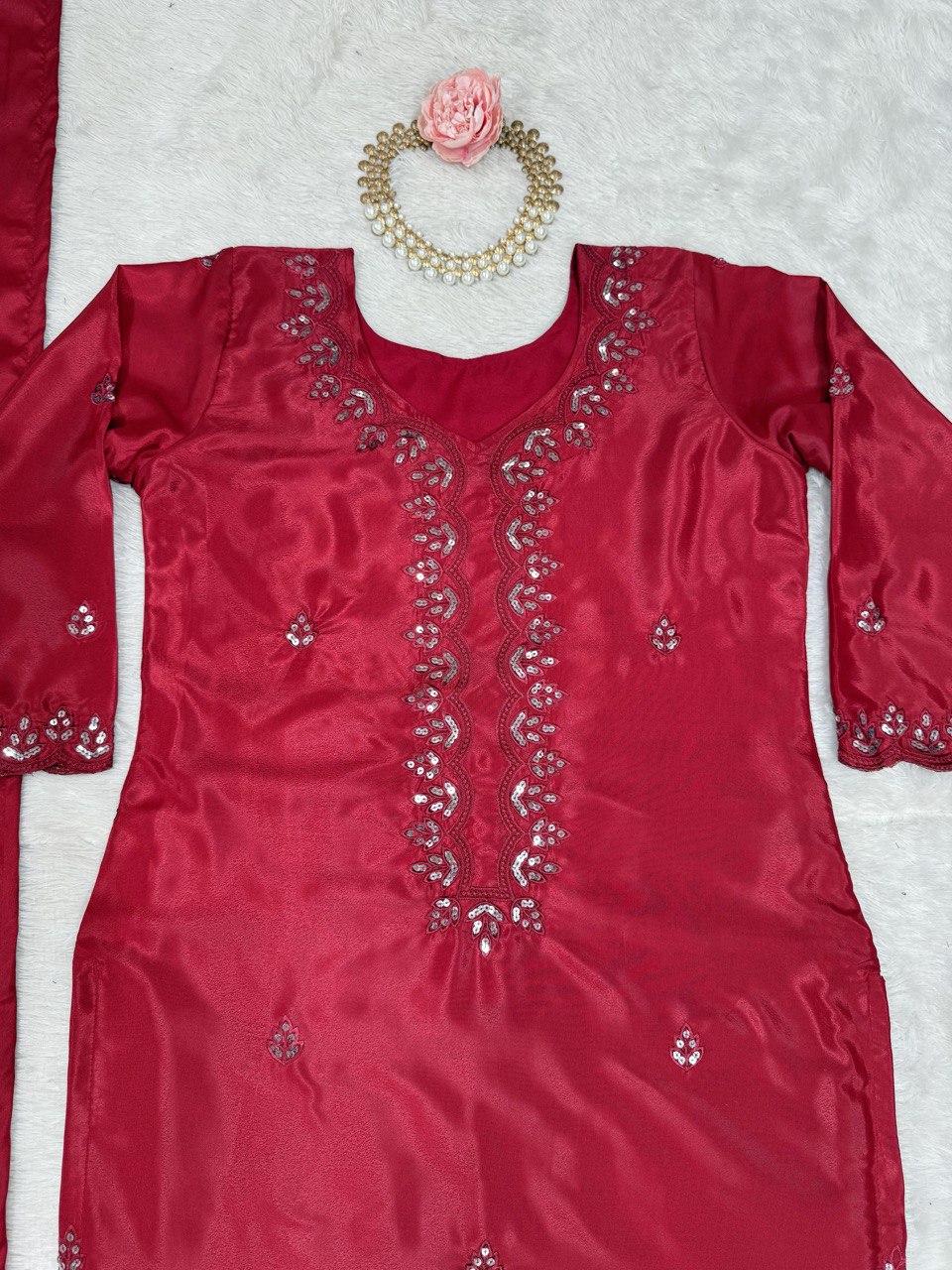 Pink Chinon Silk Thread & Sequin Embroidered Salwar Suit Set with Dupatta