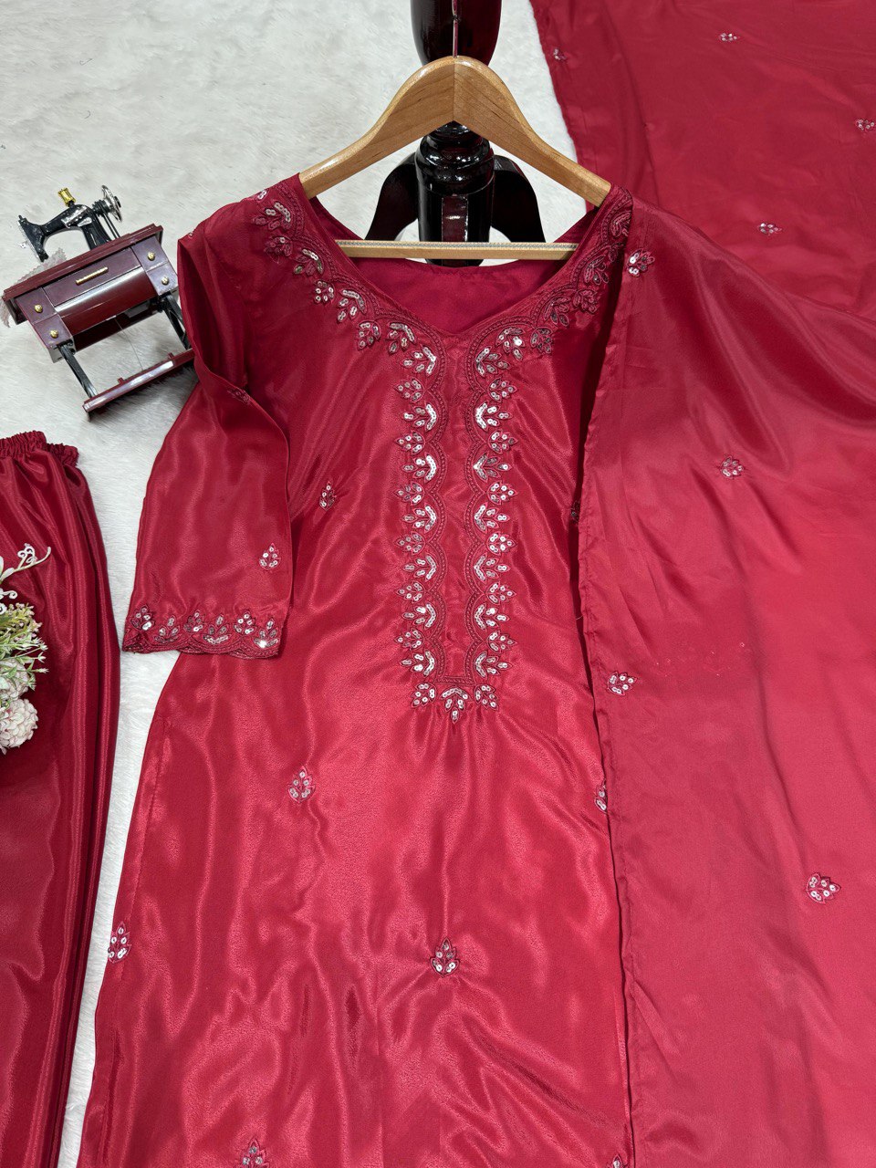 Pink Chinon Silk Thread & Sequin Embroidered Salwar Suit Set with Dupatta