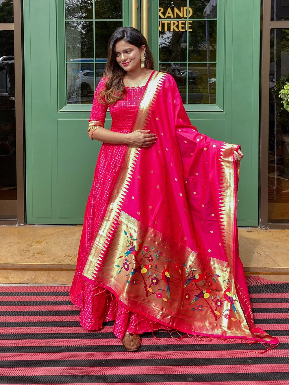 Pink Color Weaving Work Jacquard Silk Gown