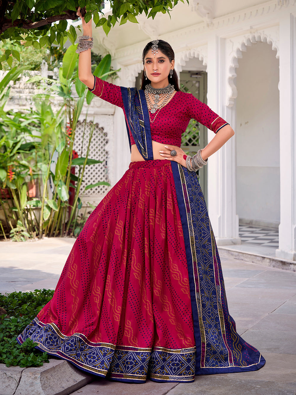 Pink tasar silk bandhej print lehenga choli with gotta patti lace work 4 meter flair