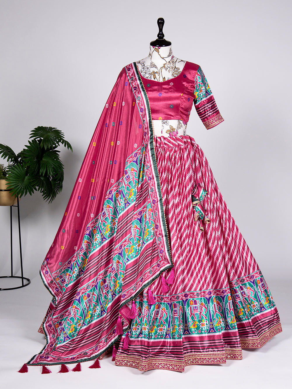 Pink Color Patola Print and Sequins Embroidery Chinon Lehenga Choli