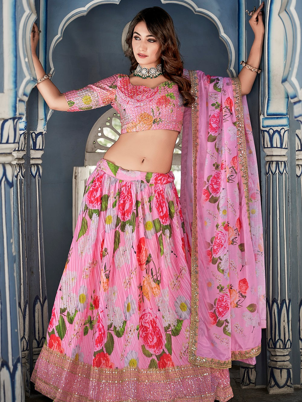 Pink Color Digital Print With Sequins Embroidery Work Crushed Chinon Lehenga Choli