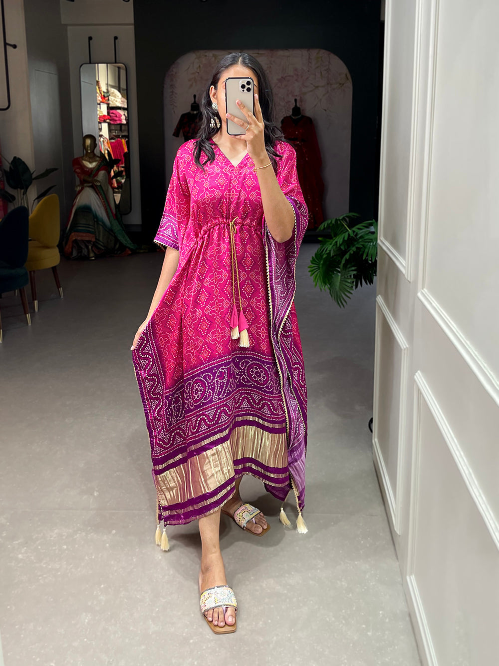 Pink Color Bandhej Printed Gaji Silk Kaftan