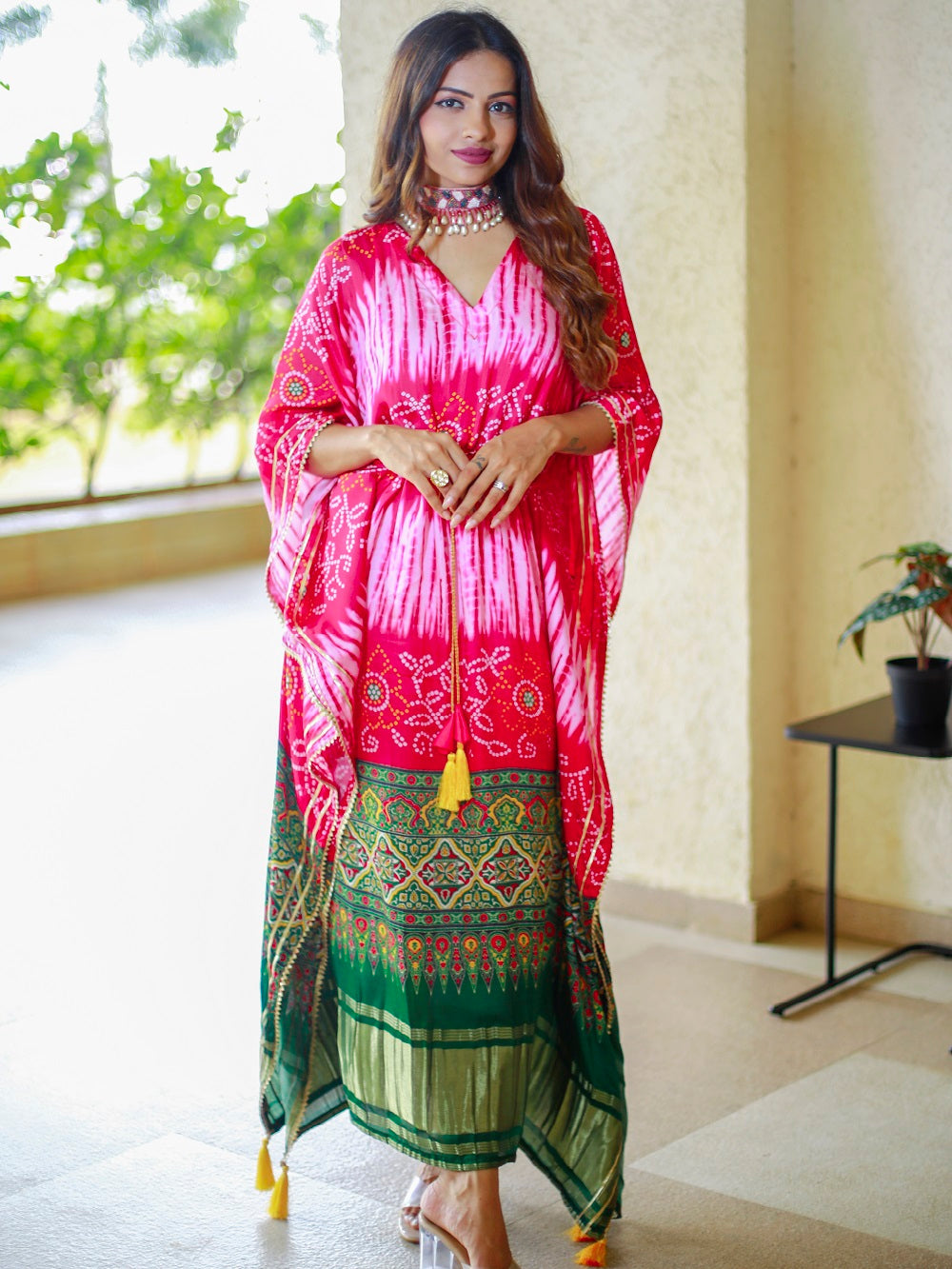 Pink Color Digital bandhej Printed Pure Gaji Silk Kaftan Dress