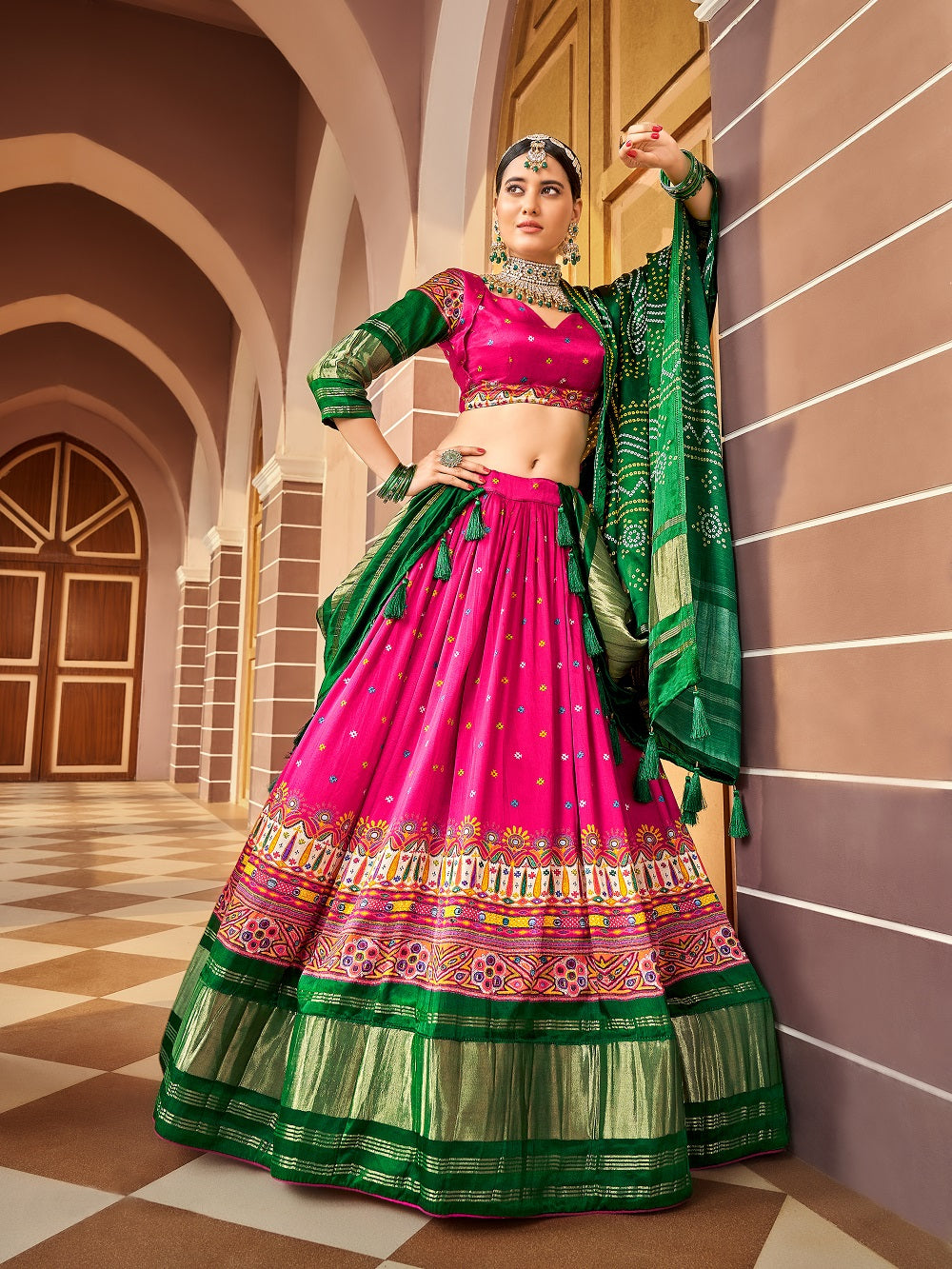 Pink Color Digital Printed Pure Gaji Silk Lehenga Choli