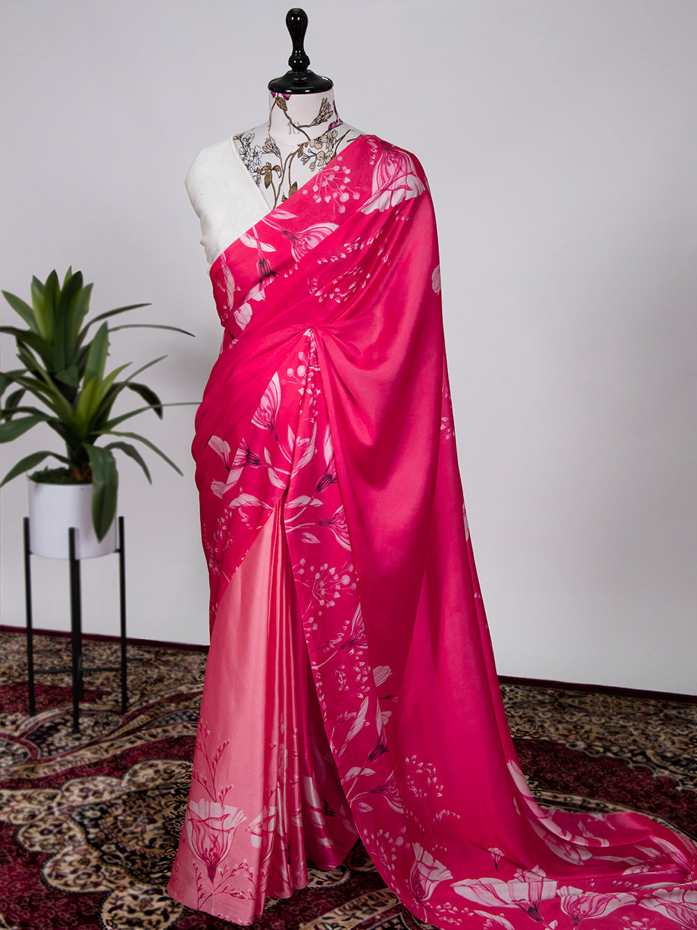 Pink Color Printed Digital Satin Silk Saree