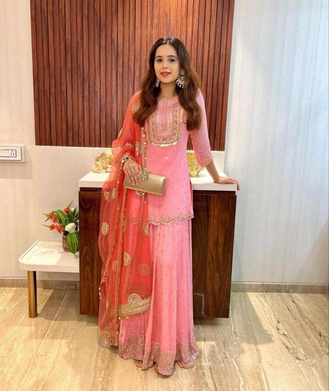 Pink Color Elegant & Embroidered Fox Georgette Sharara Set: Dress to Impress