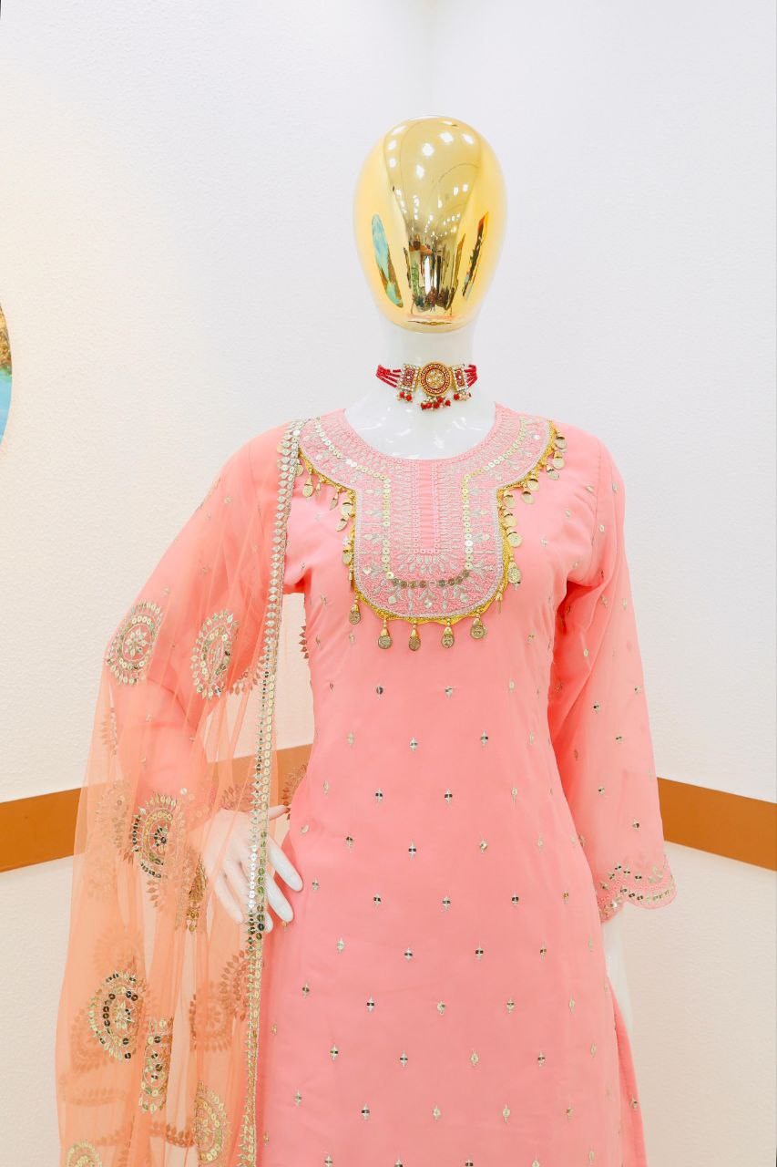 Pink Color Elegant & Embroidered Fox Georgette Sharara Set: Dress to Impress