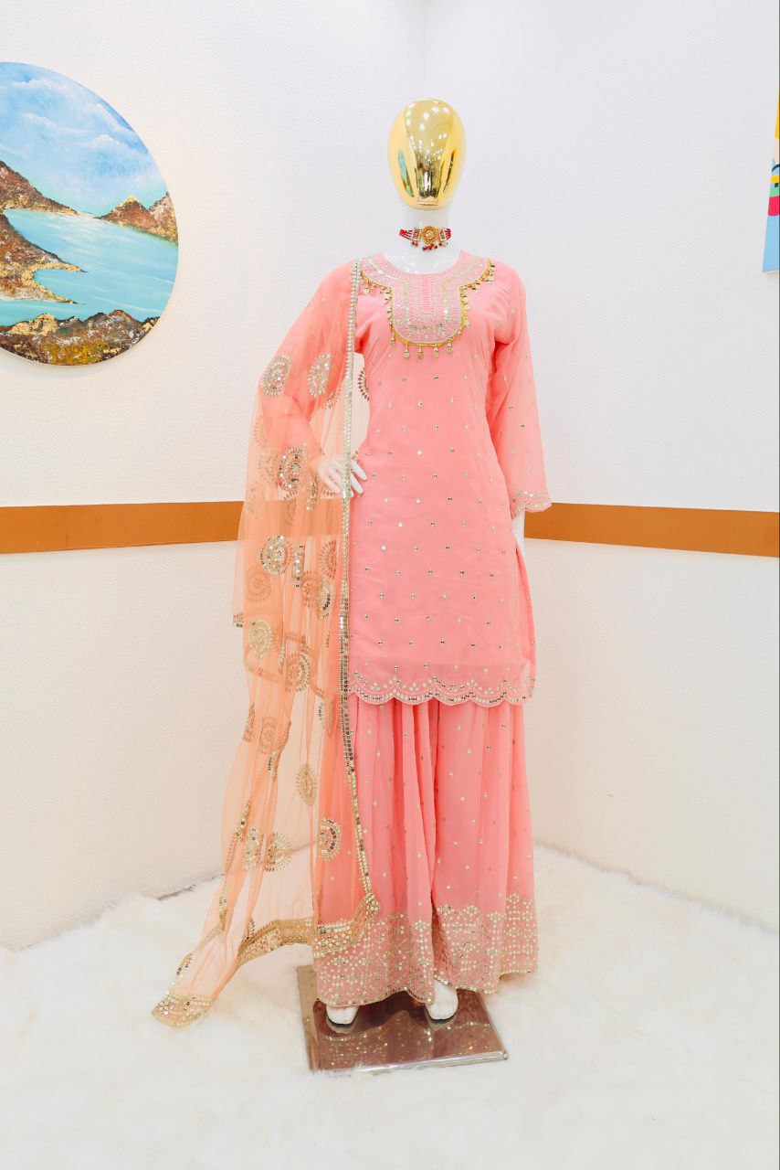 Pink Color Elegant & Embroidered Fox Georgette Sharara Set: Dress to Impress