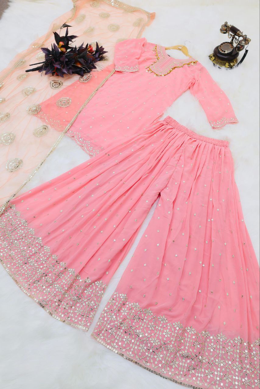 Pink Color Elegant & Embroidered Fox Georgette Sharara Set: Dress to Impress