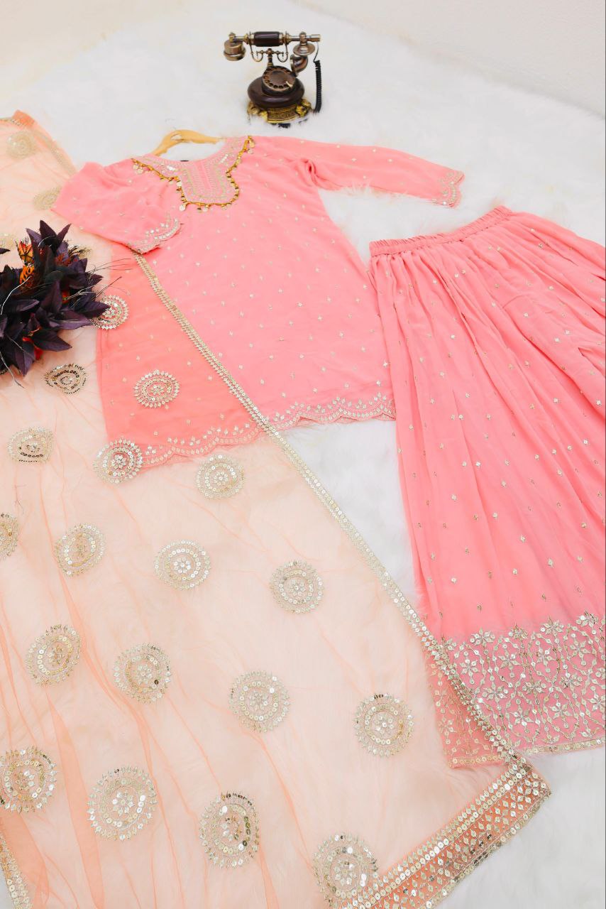 Pink Color Elegant & Embroidered Fox Georgette Sharara Set: Dress to Impress