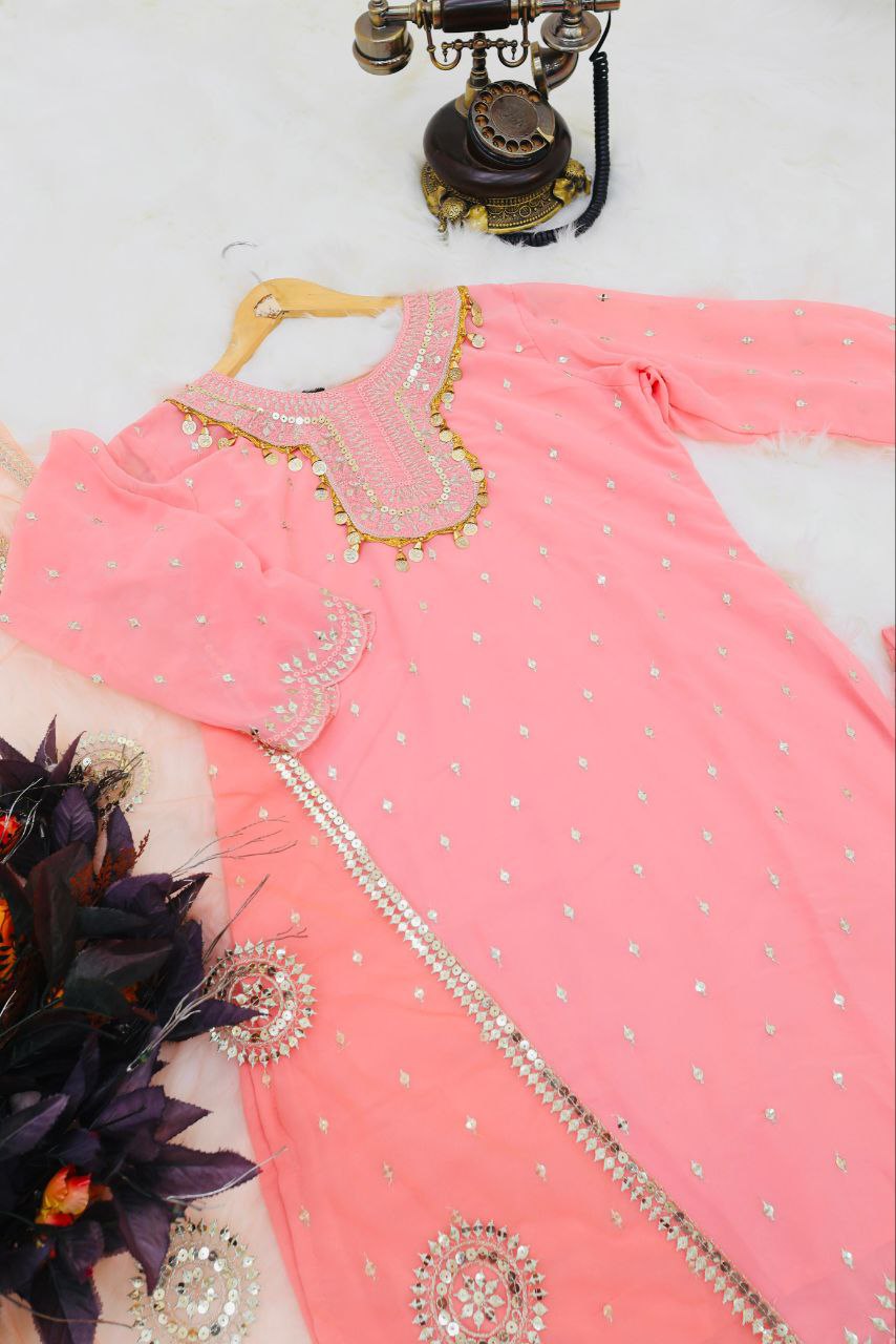 Pink Color Elegant & Embroidered Fox Georgette Sharara Set: Dress to Impress