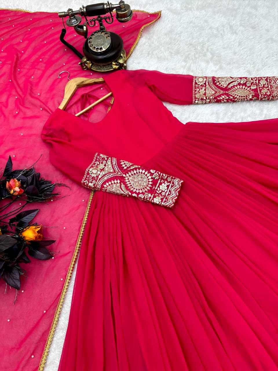 Pink Color Enchanting Fox Georgette Embroidered Gown: Flowing Elegance for Special Occasions