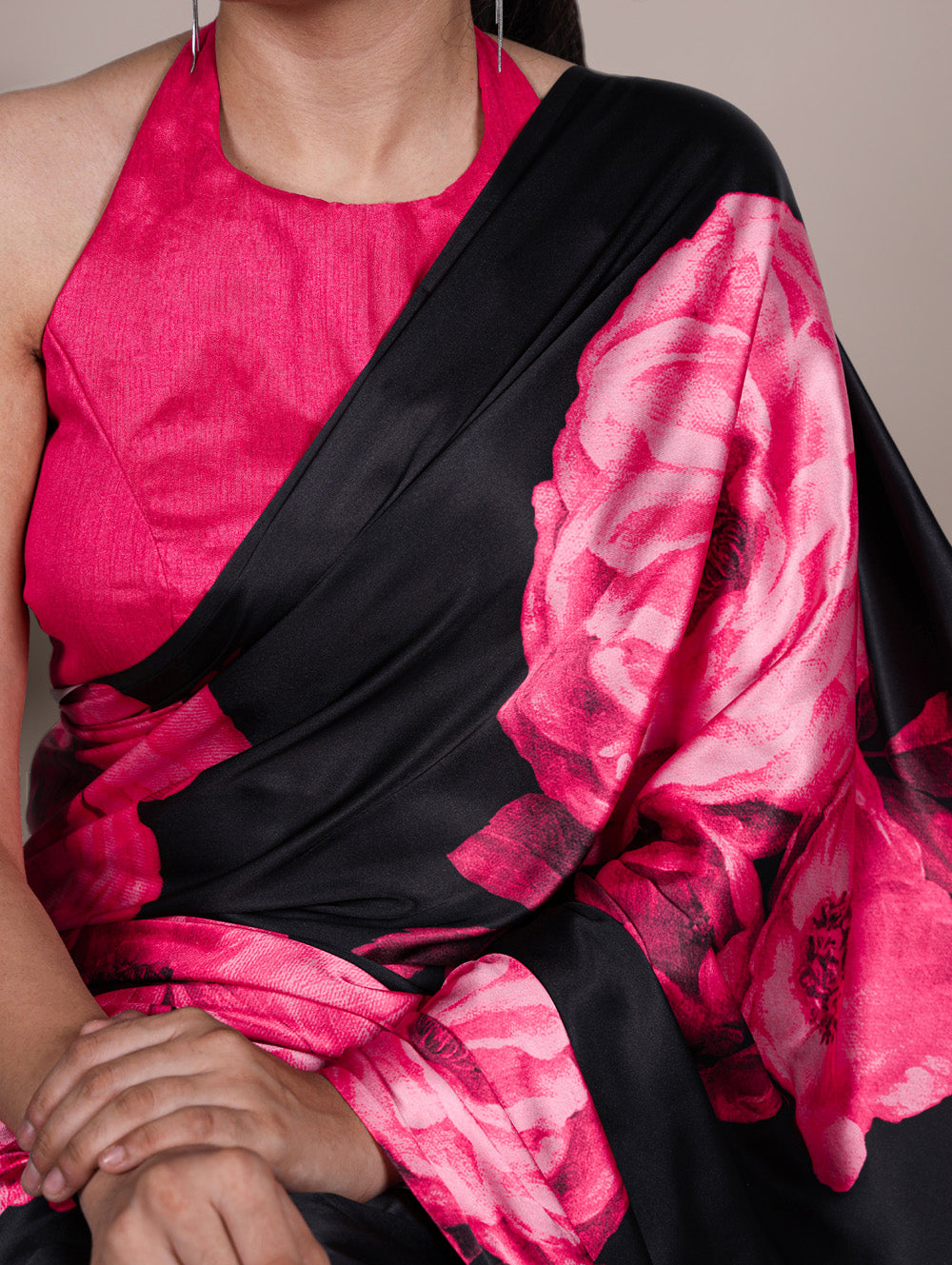 Pink floral printed satin silk saree with matching banglory blouse