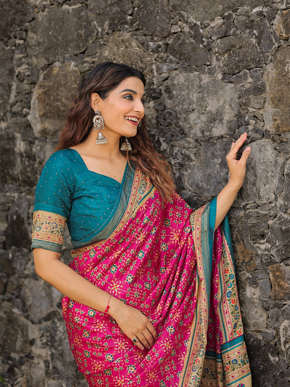 Pink Color Foil Printed And Stone Work Dola Silk Saree
