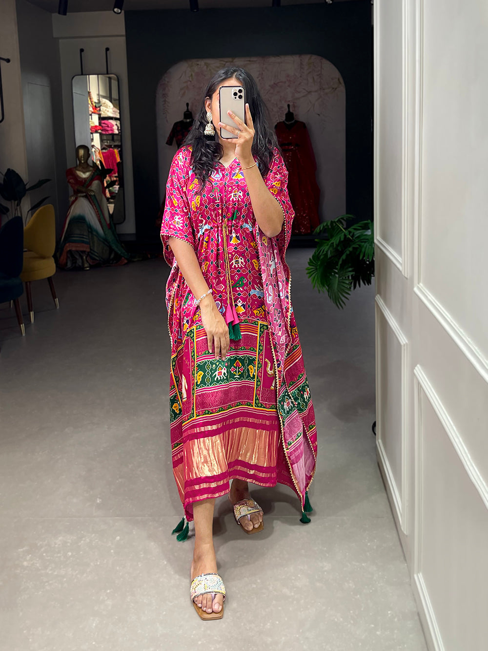 Pink Color Ikkat Patola Printed Gaji Silk Kaftan