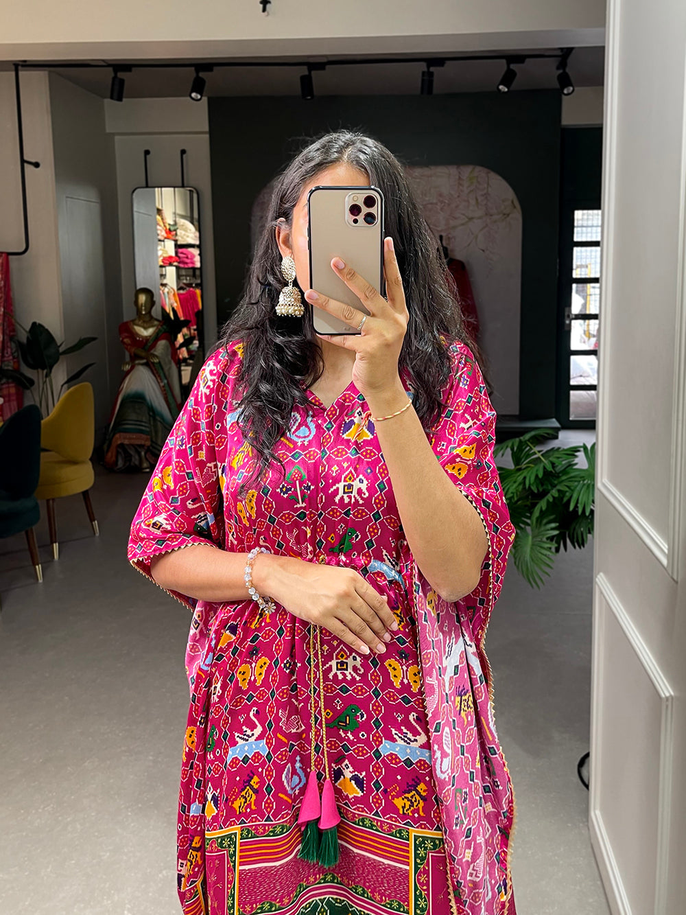 Pink Color Ikkat Patola Printed Gaji Silk Kaftan