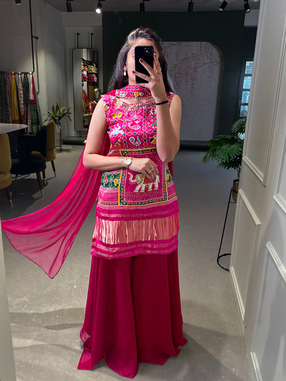 Pink color printed and handwork gaji silk kurti plazo set