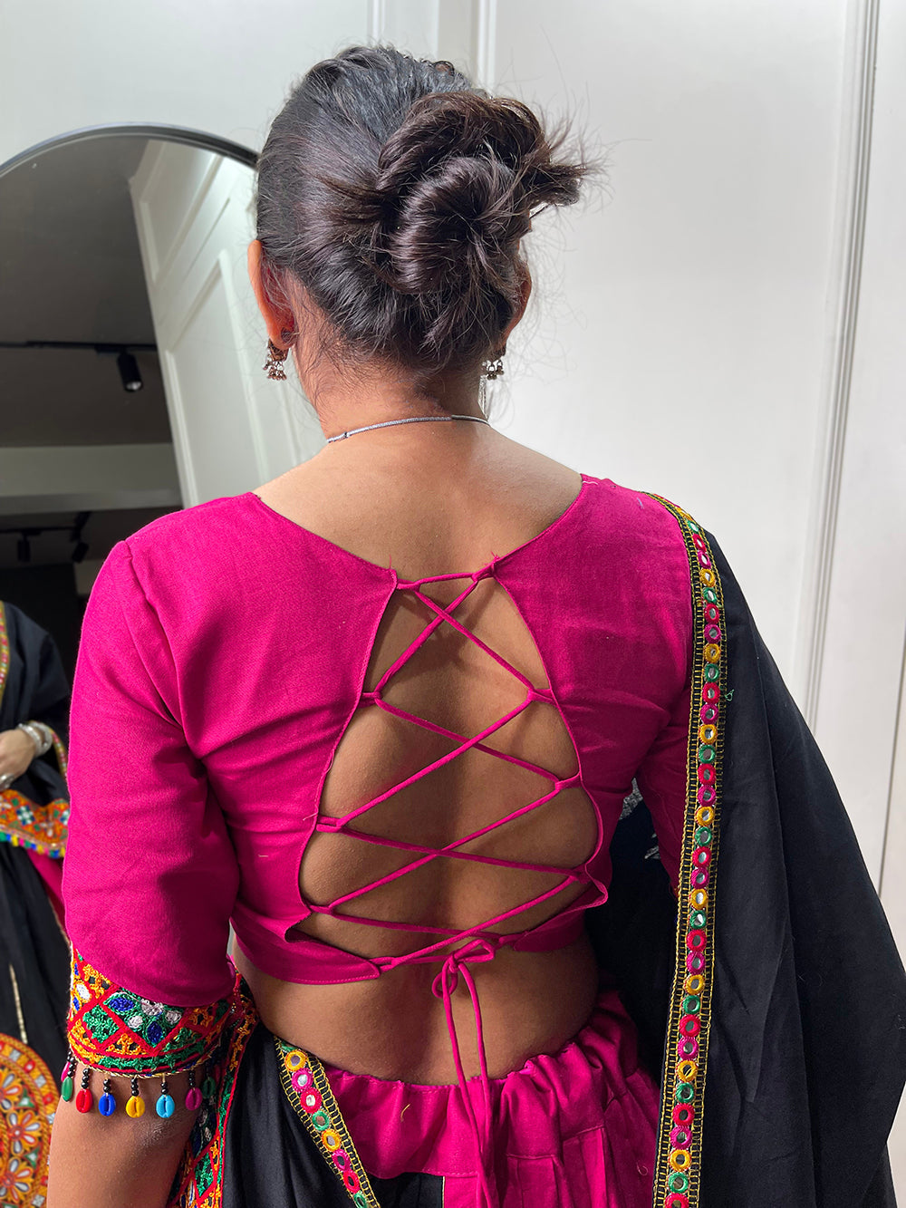 Pink Color Gamthi Work And Paper Mirror Work Cotton Chaniya Choli