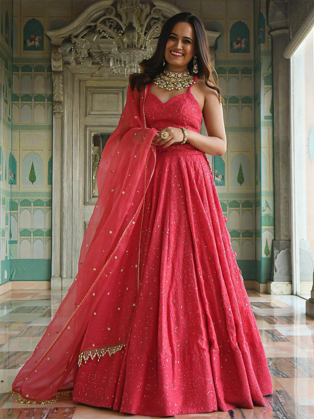 Pink color Georgette Lucknowi flared lehenga choli