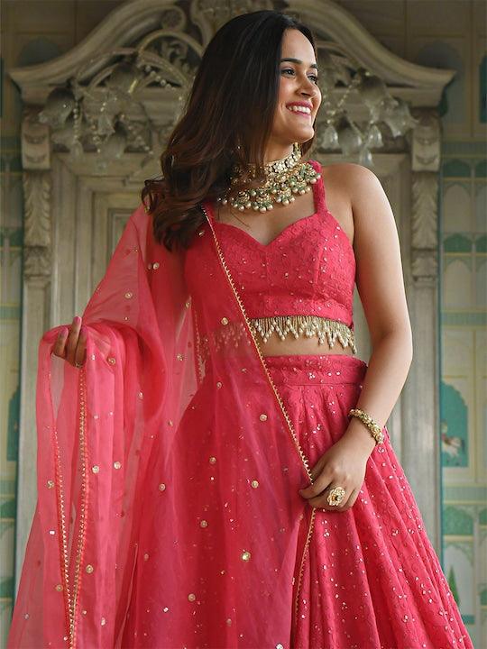 Pink color Georgette Lucknowi flared lehenga choli