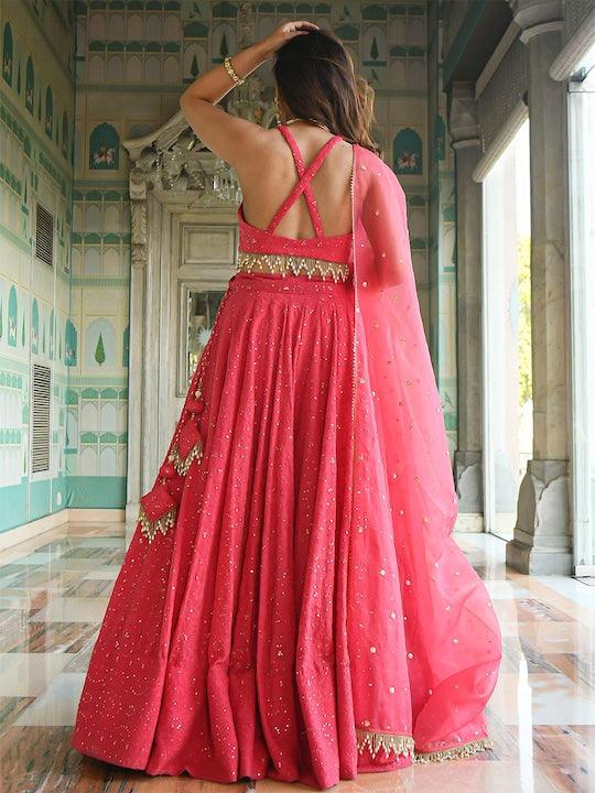 Pink color Georgette Lucknowi flared lehenga choli