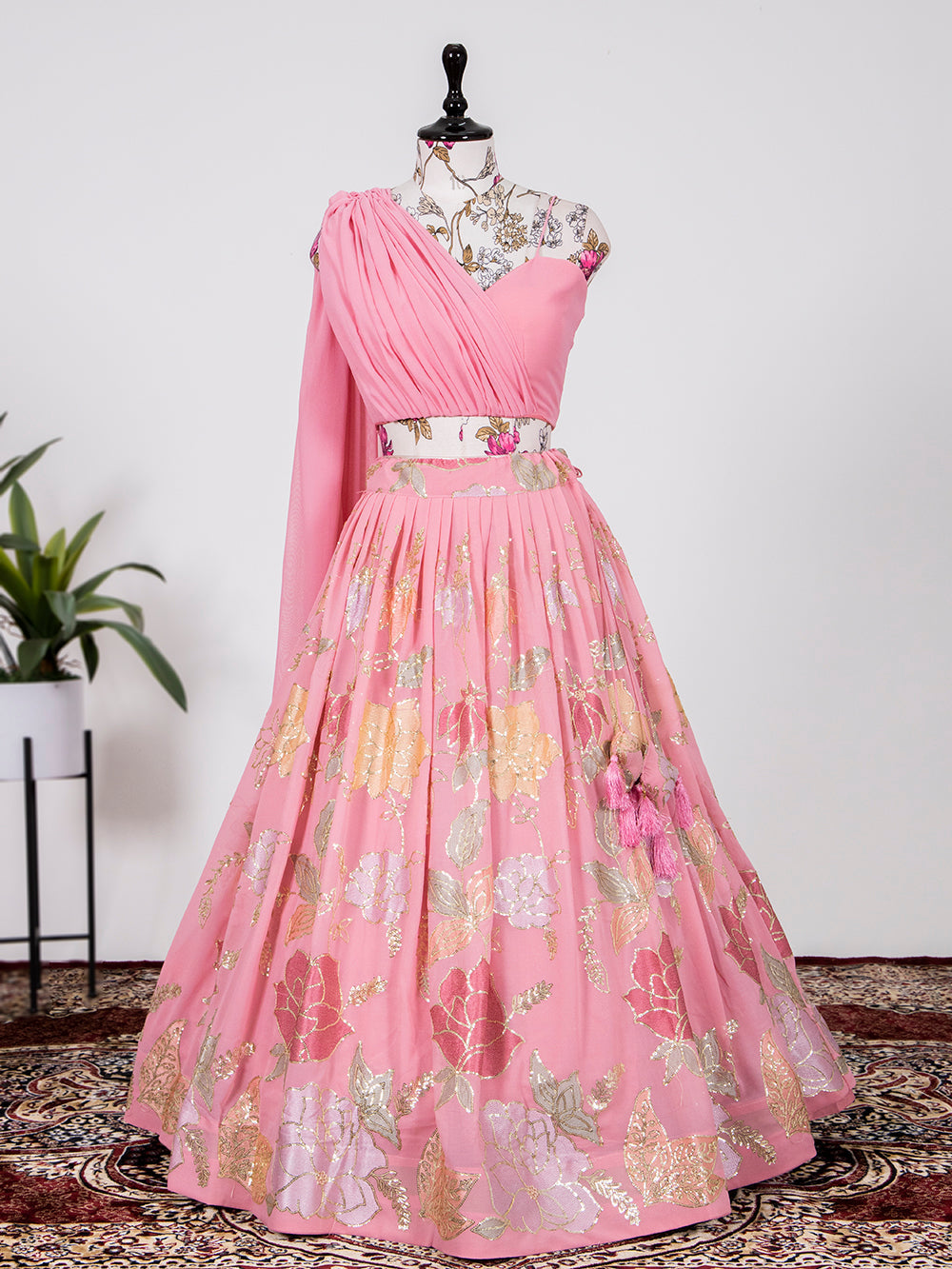 Pink Color Thread And Sequins Embroidery Work Georgette Lehenga Choli