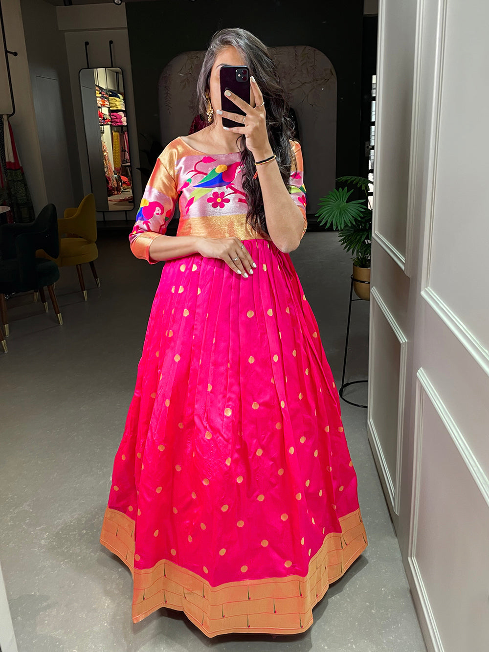 Pink Color Weaving Zari Work Jacquard Silk Paithani Gown