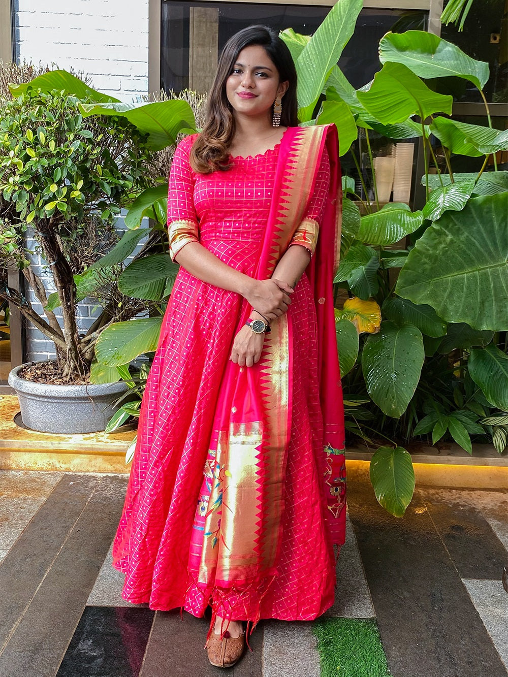 Pink Color Weaving Work Jacquard Silk Gown