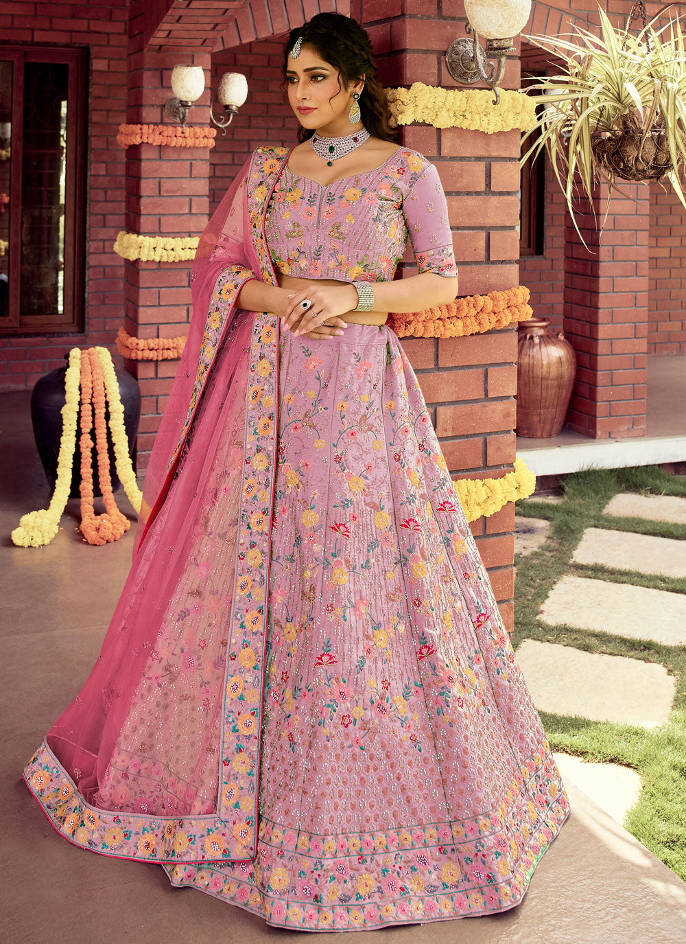 Pink Embroidered Silk Semi Stitched Lehenga