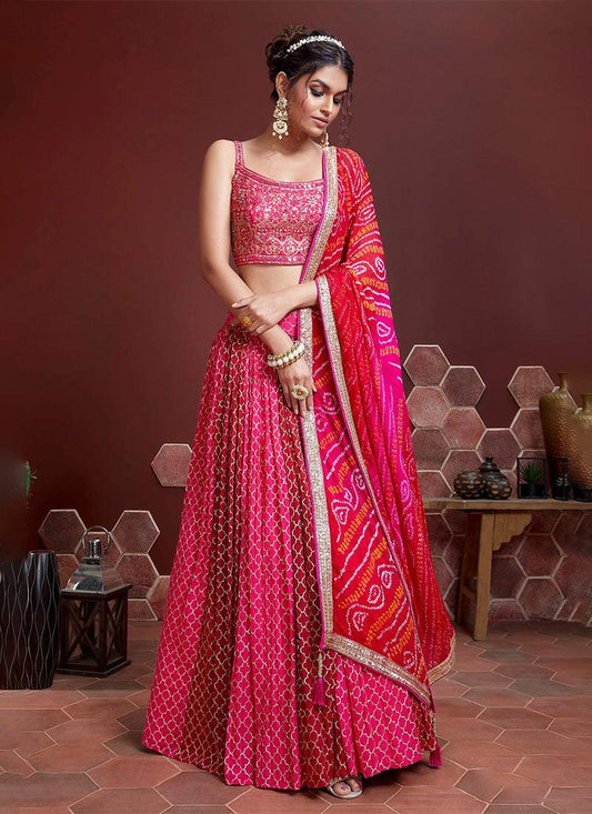 Pink Color Lehenga Heavy Embroidery And Sequins Work With Bandhani Dupatta