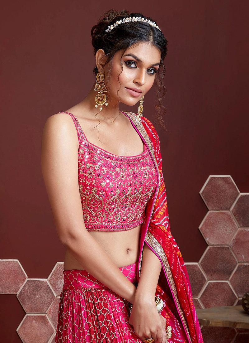 Pink Color Lehenga Heavy Embroidery And Sequins Work With Bandhani Dupatta