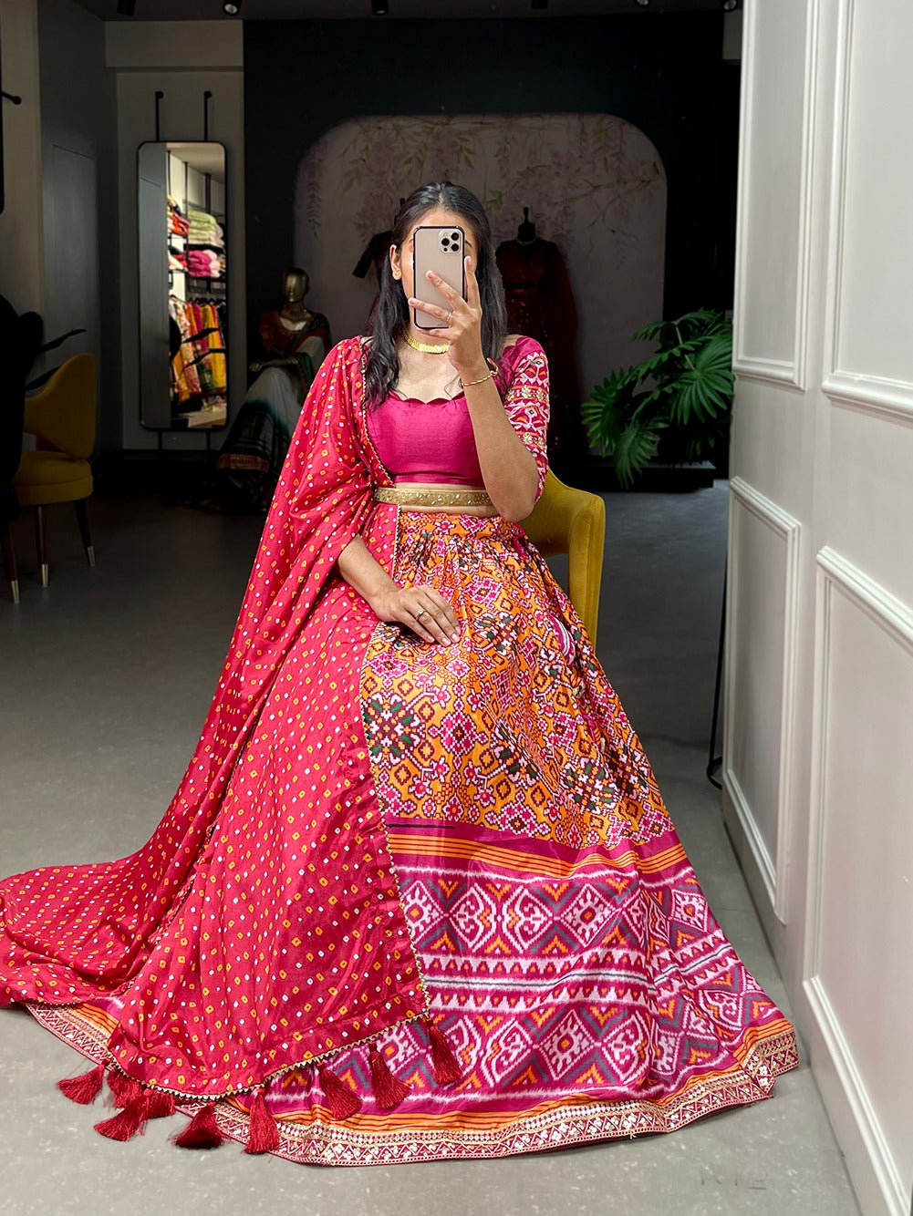 Pink Color Leheriya Patola Print Chinon Lehenga Choli
