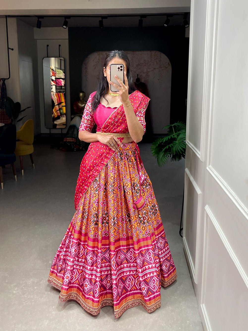 Pink Color Leheriya Patola Print Chinon Lehenga Choli