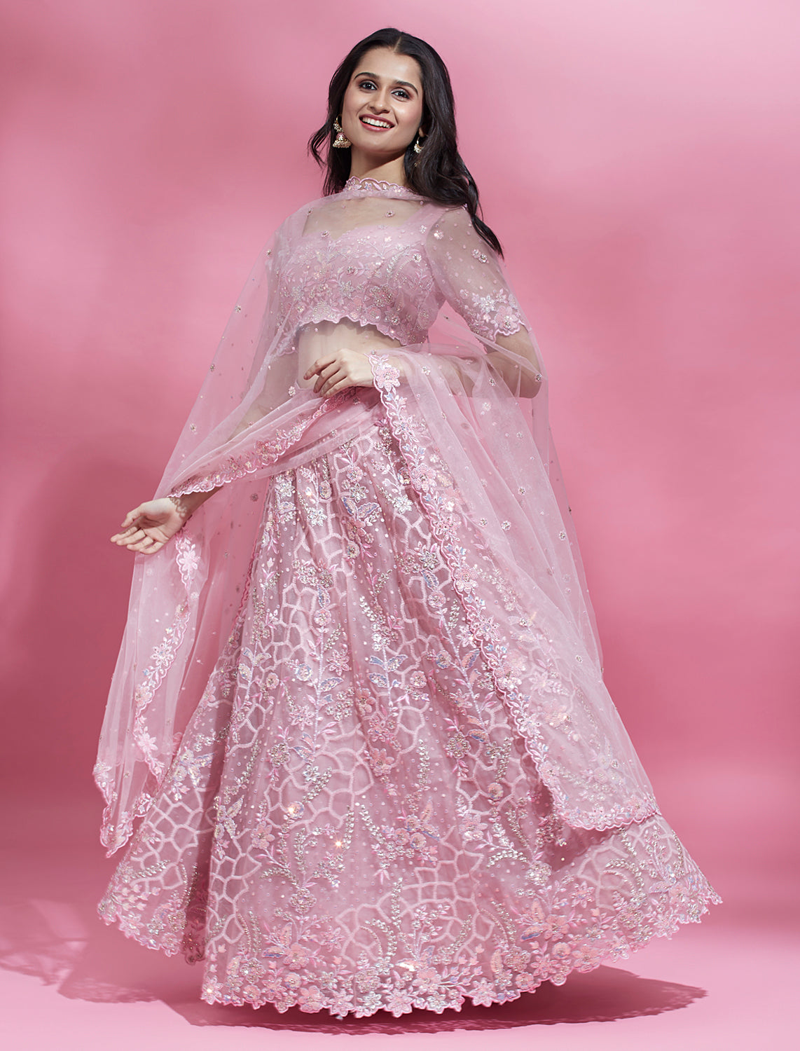 Pink Color Net Sequins Work Semi-Stitched Lehenga