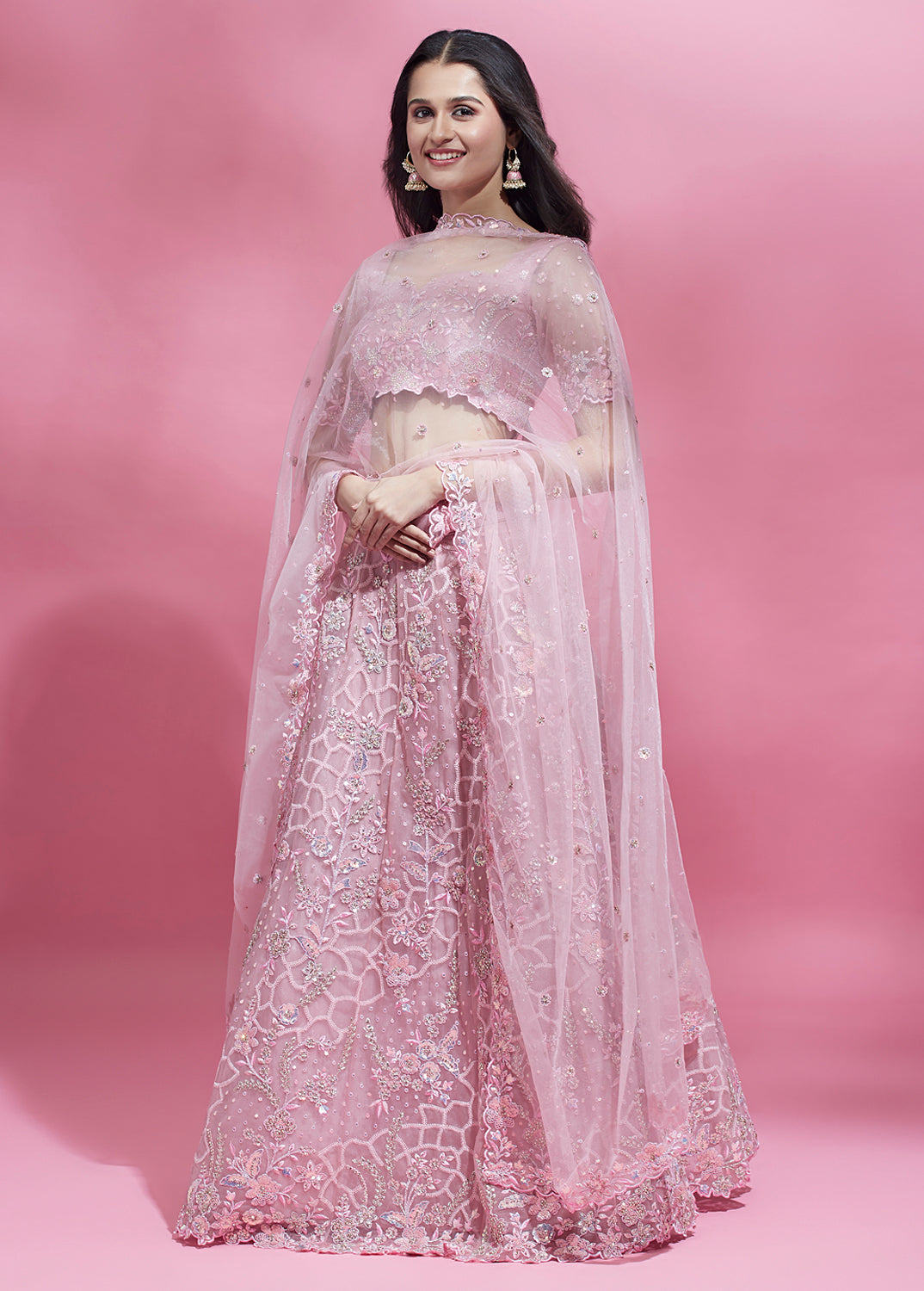 Pink Color Net Sequins Work Semi-Stitched Lehenga
