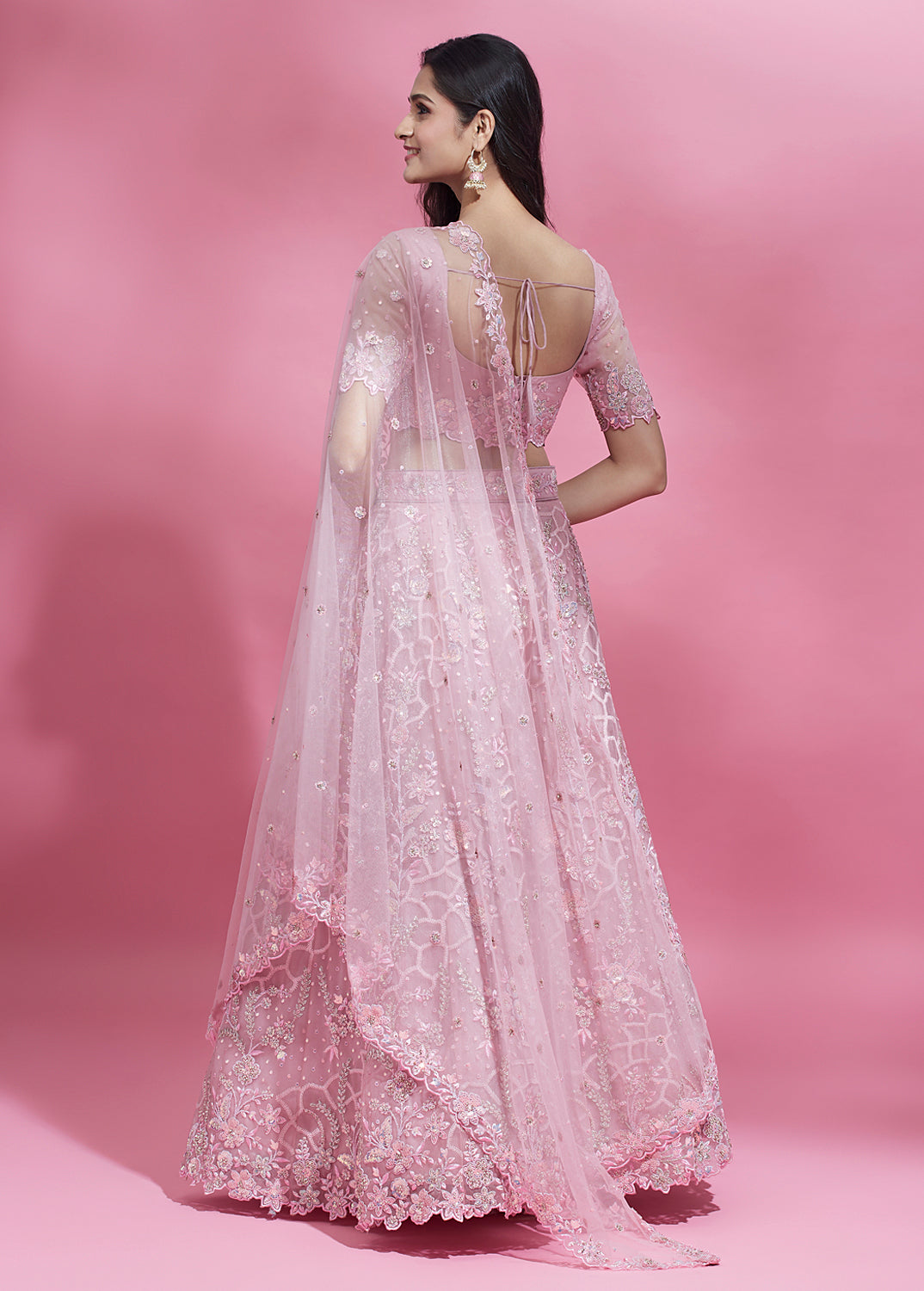 Pink Color Net Sequins Work Semi-Stitched Lehenga