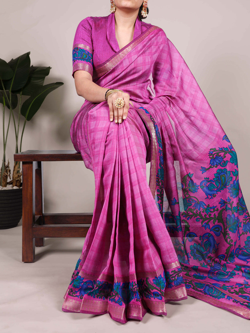 Pink printed polyester viscose chanderi saree with zari weaving border