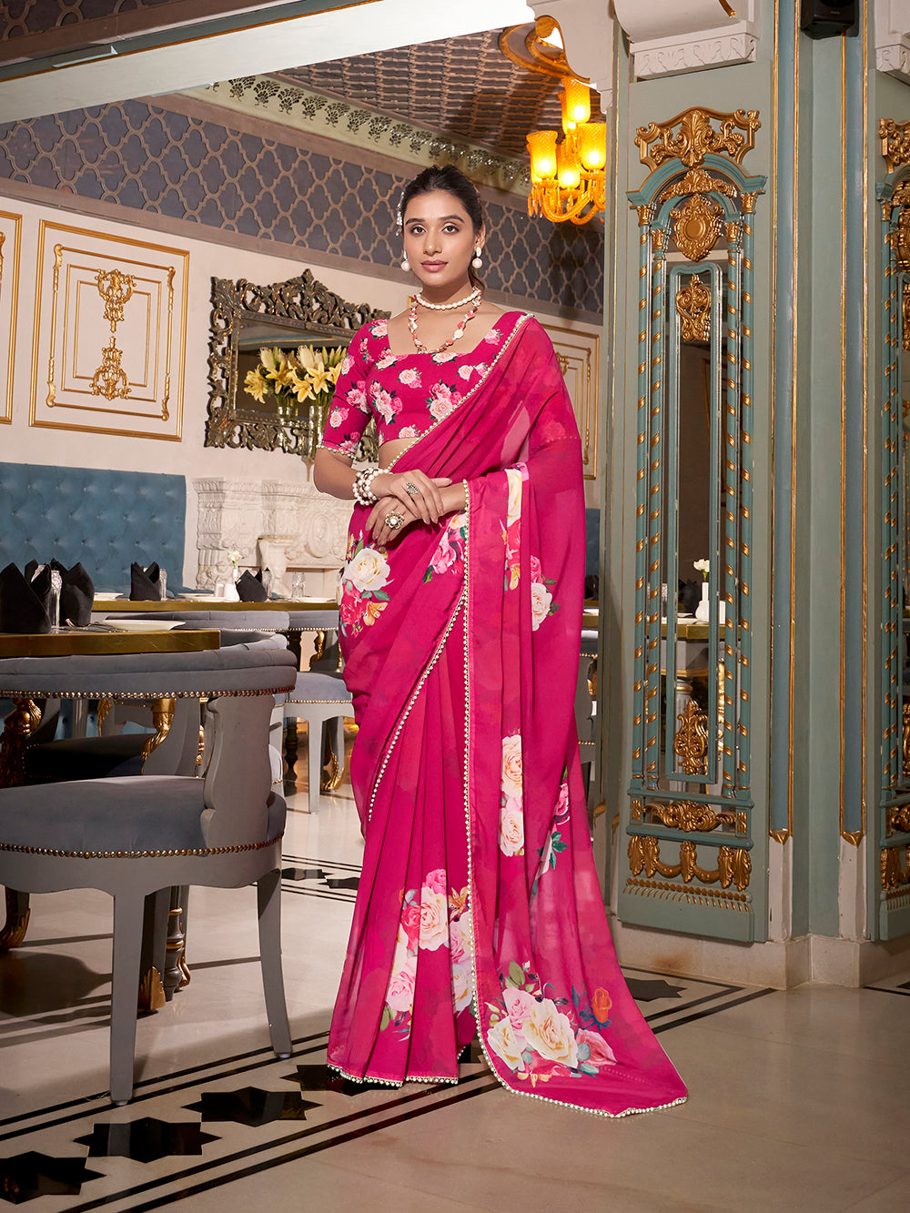 Pink georgette plain saree with printed pearl lace border