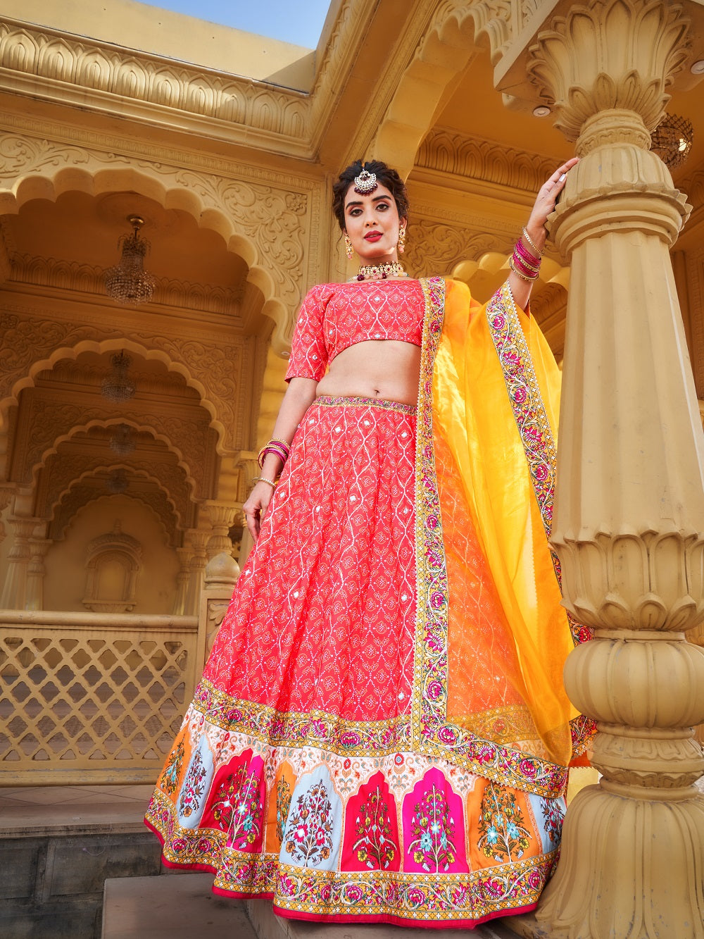 Pink Color Printed & Real Mirror With Gota Pati Work Vaishali Silk Lehenga