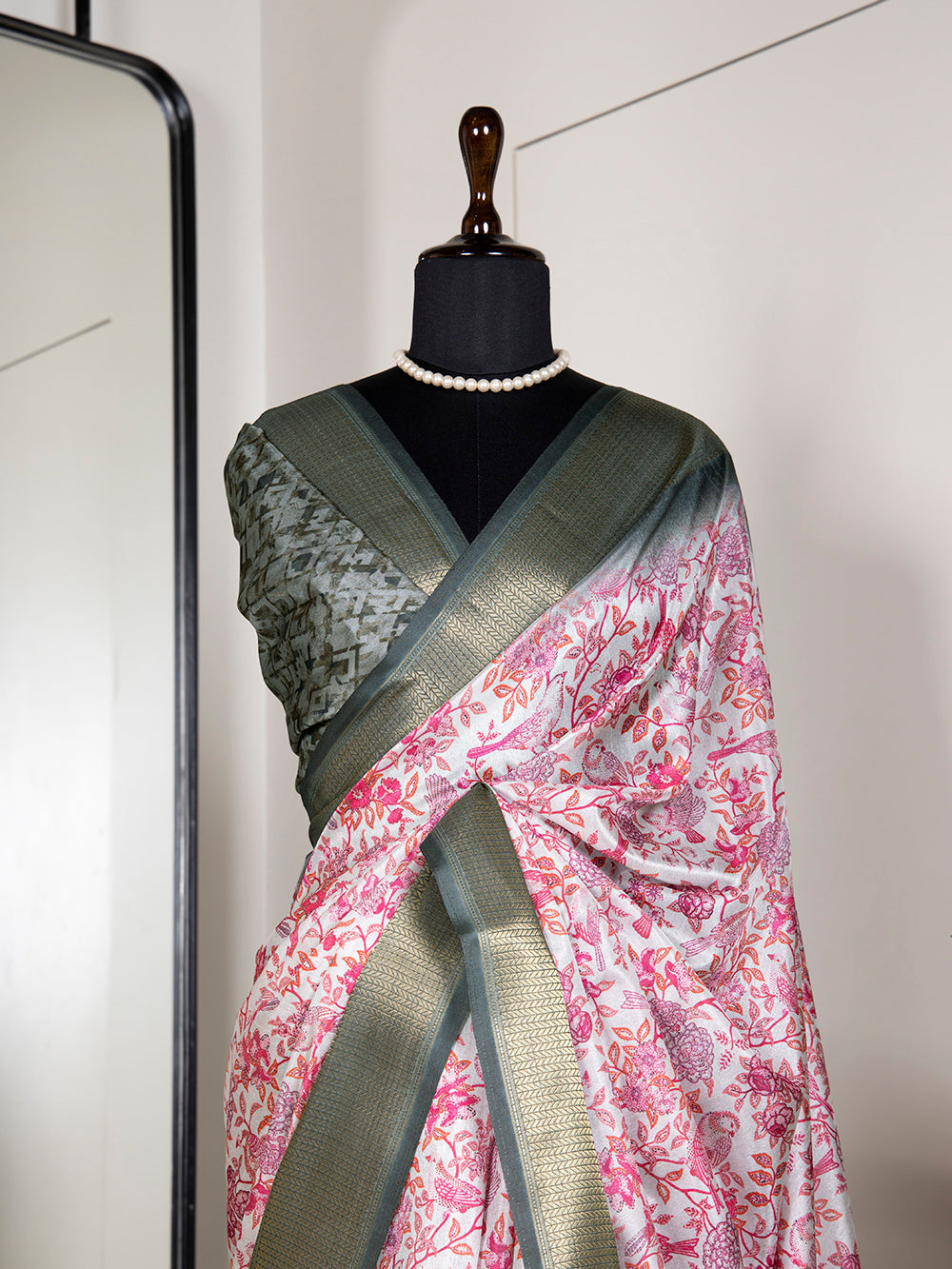 Pink Color Printed With Zari Border Dola Silk Saree